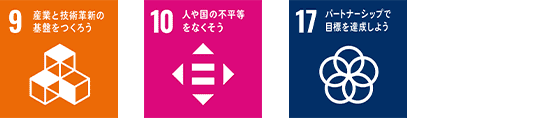 産業と技術革新の基盤をつくろう、人や国の不平等をなくそう、パートナーシップで目標を達成しよう
